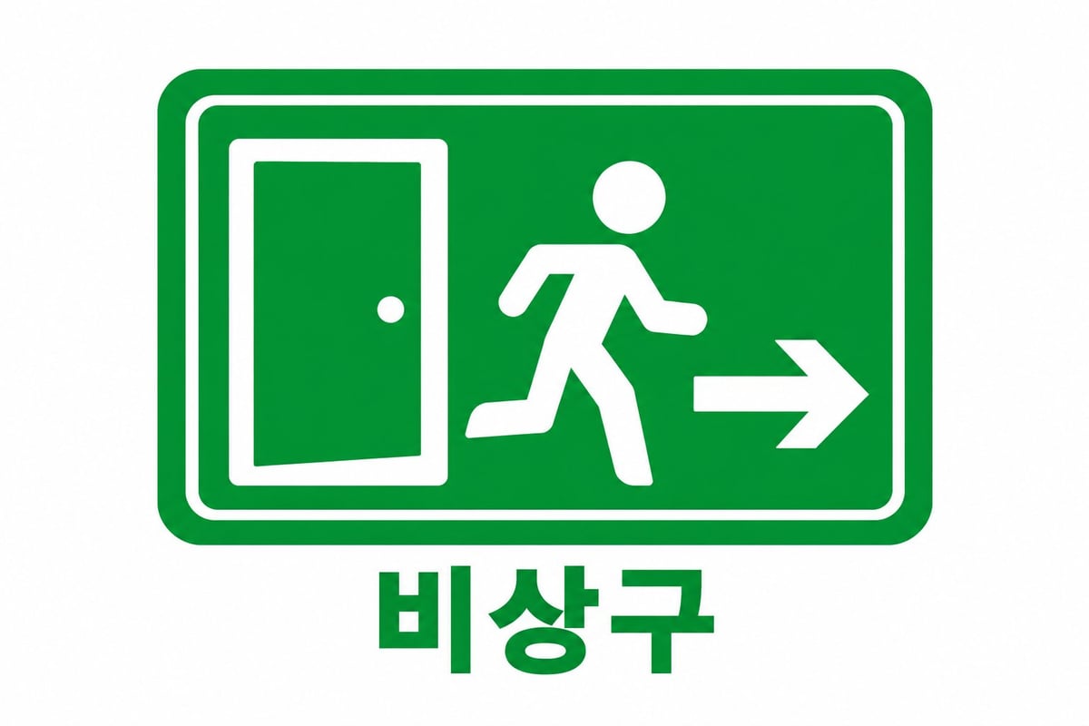 හදිසි පිටවීමේ දොර පෙන්වන කොළ පැහැති 비상구 ලකුණ